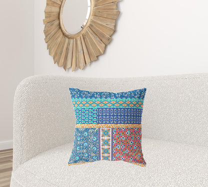 18" X 18" Blue And Orange Zippered Patchwork Indoor Outdoor Throw Pillow Cover & Insert