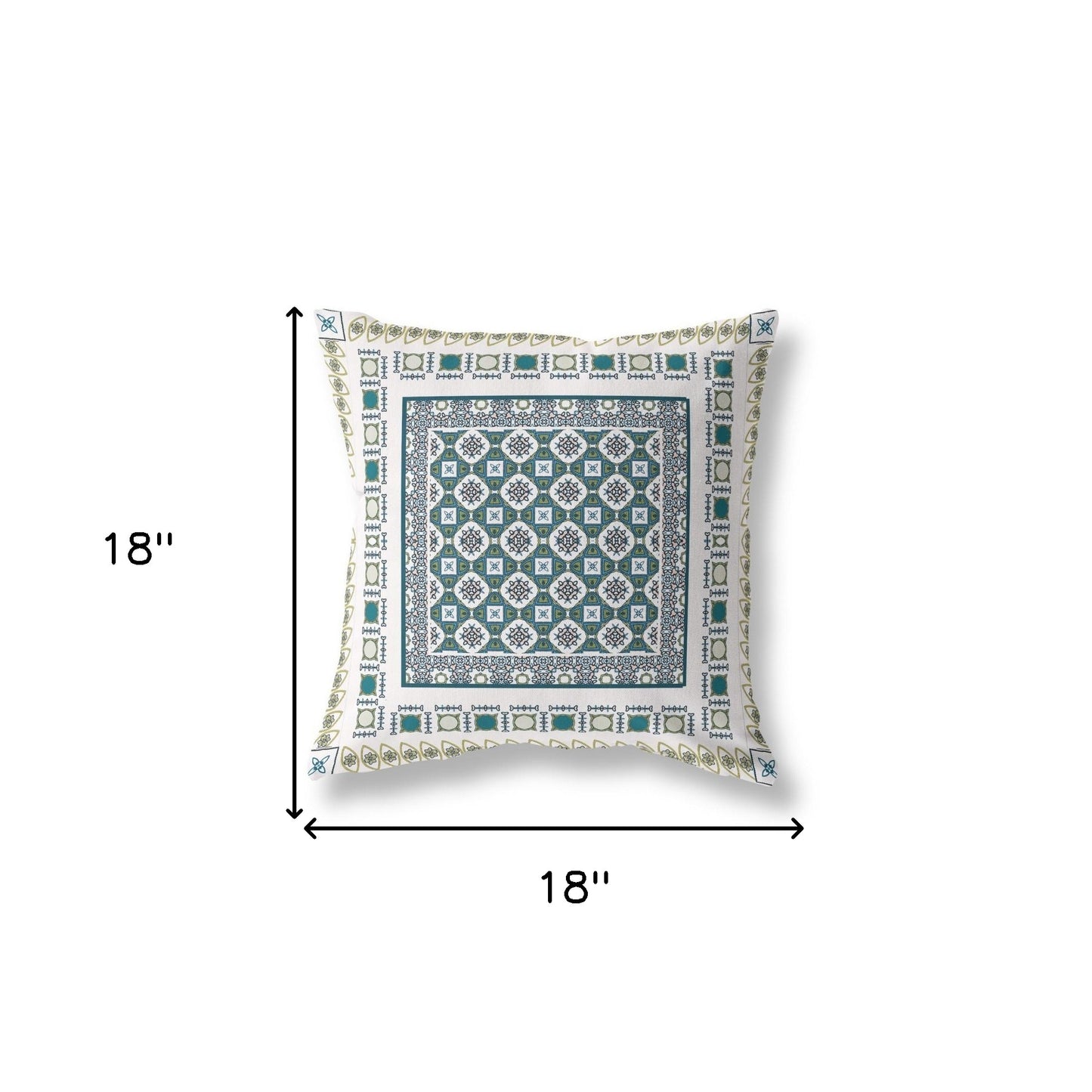 18" X 18" White And Green Zippered Floral Indoor Outdoor Throw Pillow