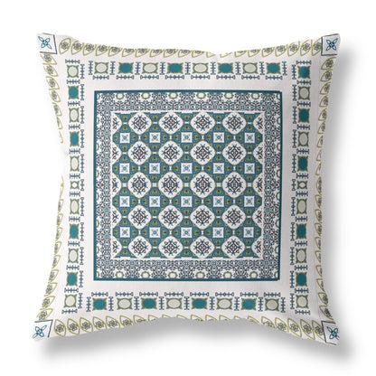 18" X 18" White And Green Zippered Floral Indoor Outdoor Throw Pillow