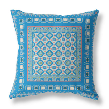 16" X 16" Blue And Pink Zippered Floral Indoor Outdoor Throw Pillow