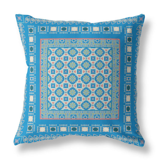 16" X 16" Blue And Pink Zippered Floral Indoor Outdoor Throw Pillow