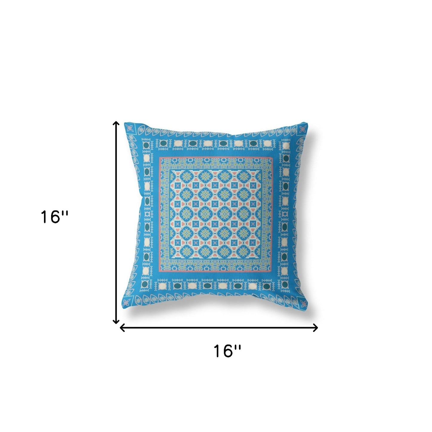 16" X 16" Blue And Pink Zippered Floral Indoor Outdoor Throw Pillow