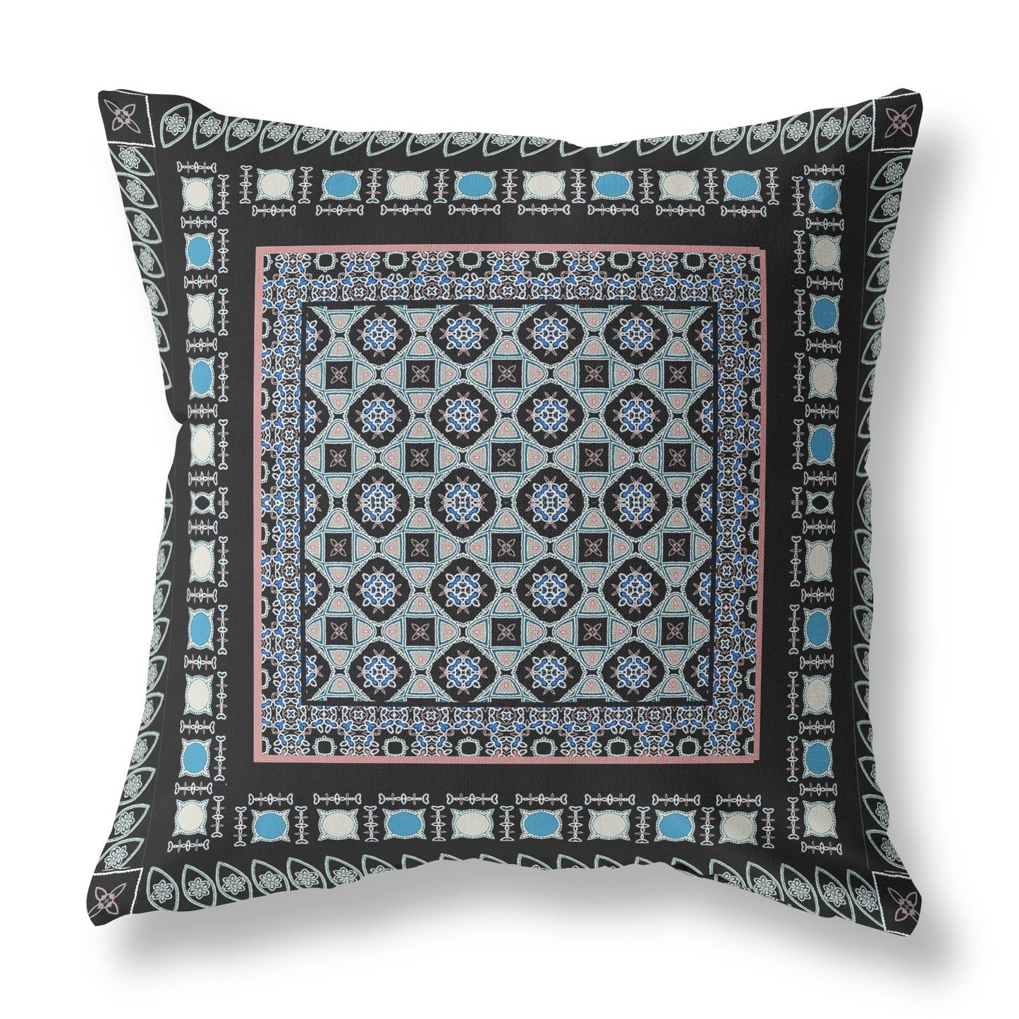 18" X 18" Black And Blue Zippered Floral Indoor Outdoor Throw Pillow