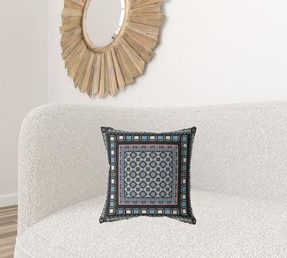 18" X 18" Black And Blue Zippered Floral Indoor Outdoor Throw Pillow