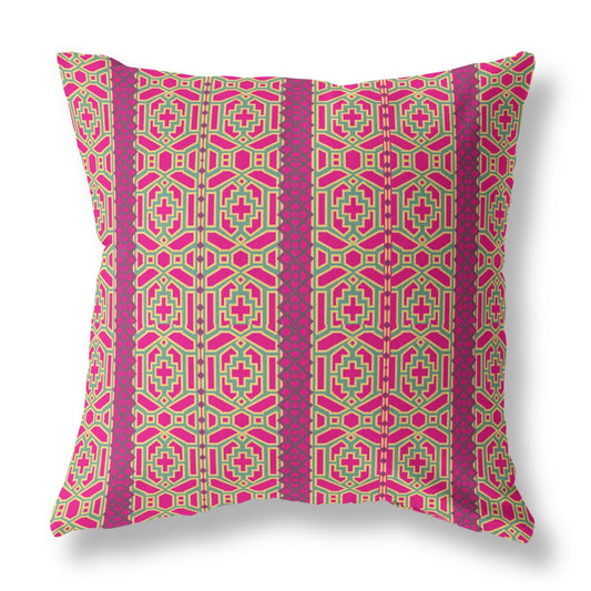 18" X 18" Pink And Green Zippered Geometric Indoor Outdoor Throw Pillow