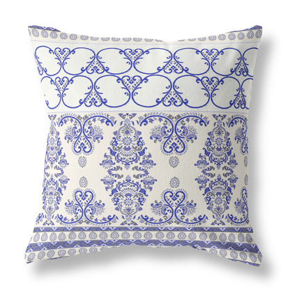 16" X 16" White And Blue Zippered Geometric Indoor Outdoor Throw Pillow