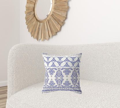 18" X 18" White And Blue Zippered Geometric Indoor Outdoor Throw Pillow