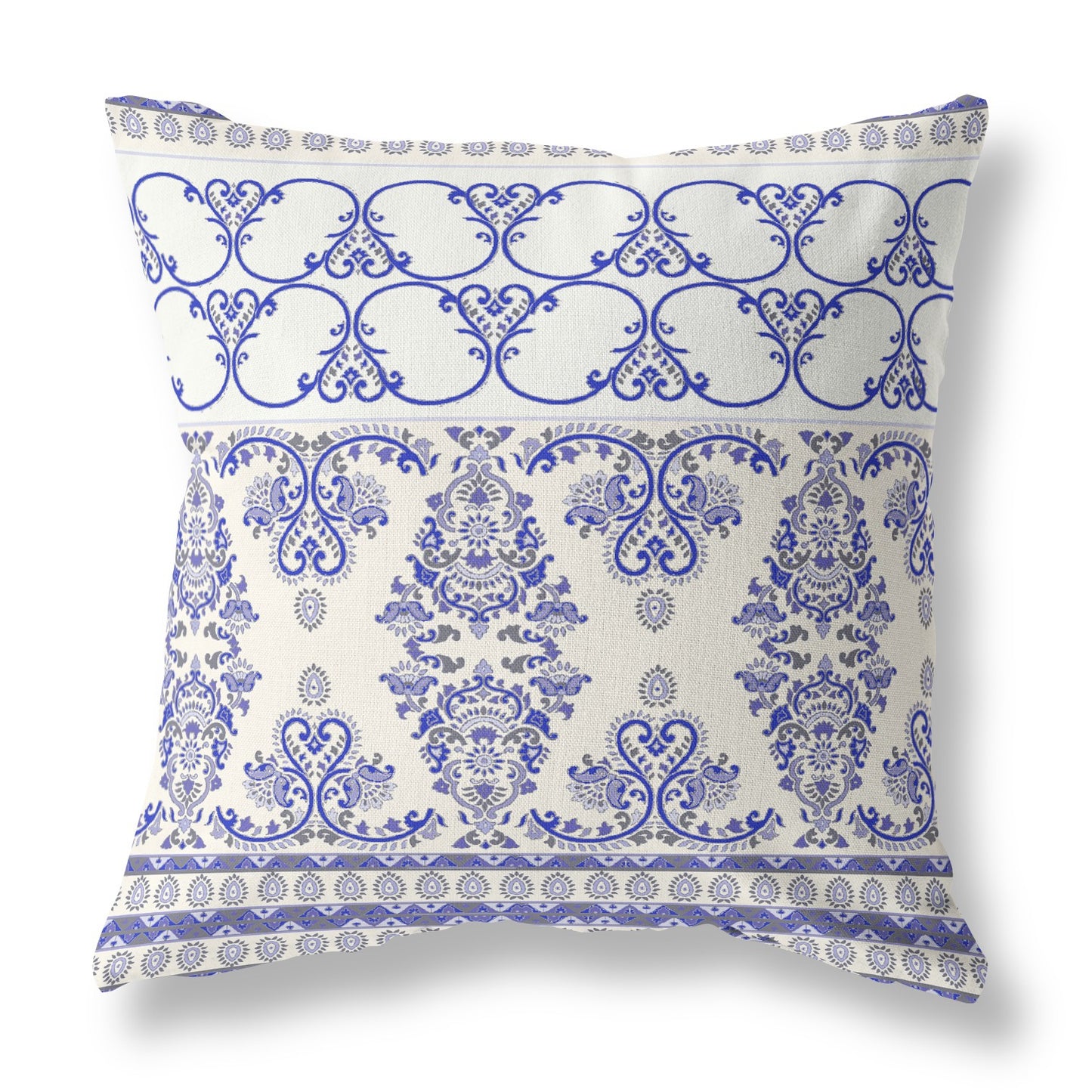 18" X 18" White And Blue Zippered Geometric Indoor Outdoor Throw Pillow