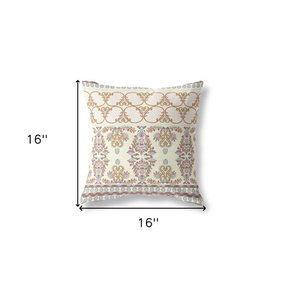 16" X 16" Off White And Orange Zippered Geometric Indoor Outdoor Throw Pillow