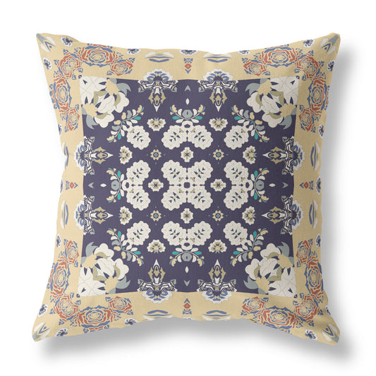 18" X 18" Yellow And Navy Zippered Geometric Indoor Outdoor Throw Pillow