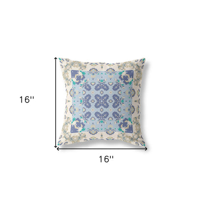 16" X 16" Off White And Blue Zippered Geometric Indoor Outdoor Throw Pillow