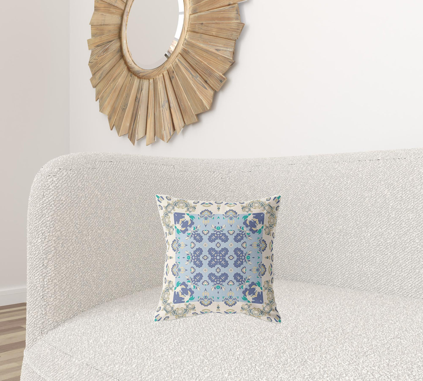 16" X 16" Off White And Blue Zippered Geometric Indoor Outdoor Throw Pillow