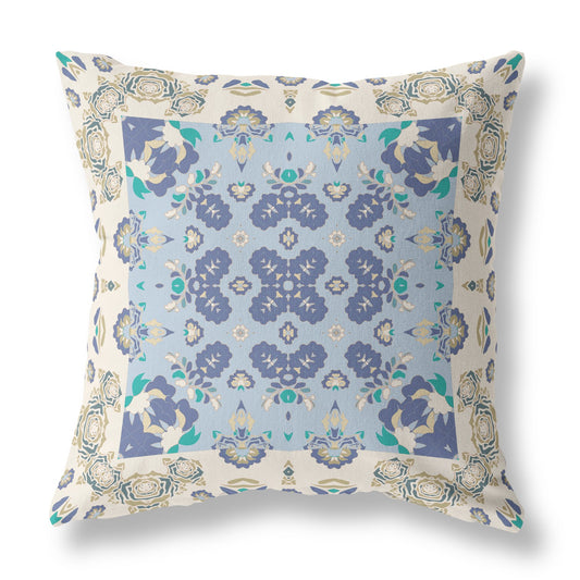 18" X 18" Off White And Blue Zippered Geometric Indoor Outdoor Throw Pillow