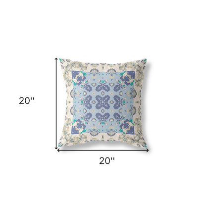 18" X 18" Off White And Blue Zippered Geometric Indoor Outdoor Throw Pillow