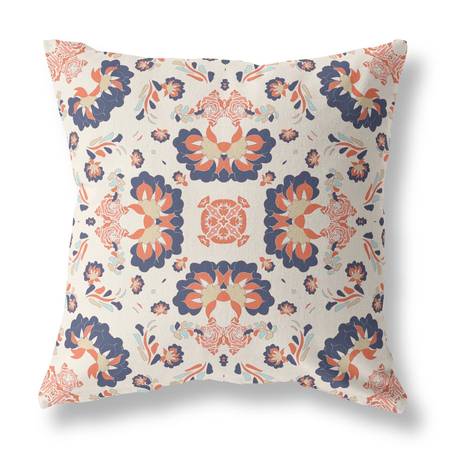 16" X 16" Off White And Blue Zippered Geometric Indoor Outdoor Throw Pillow