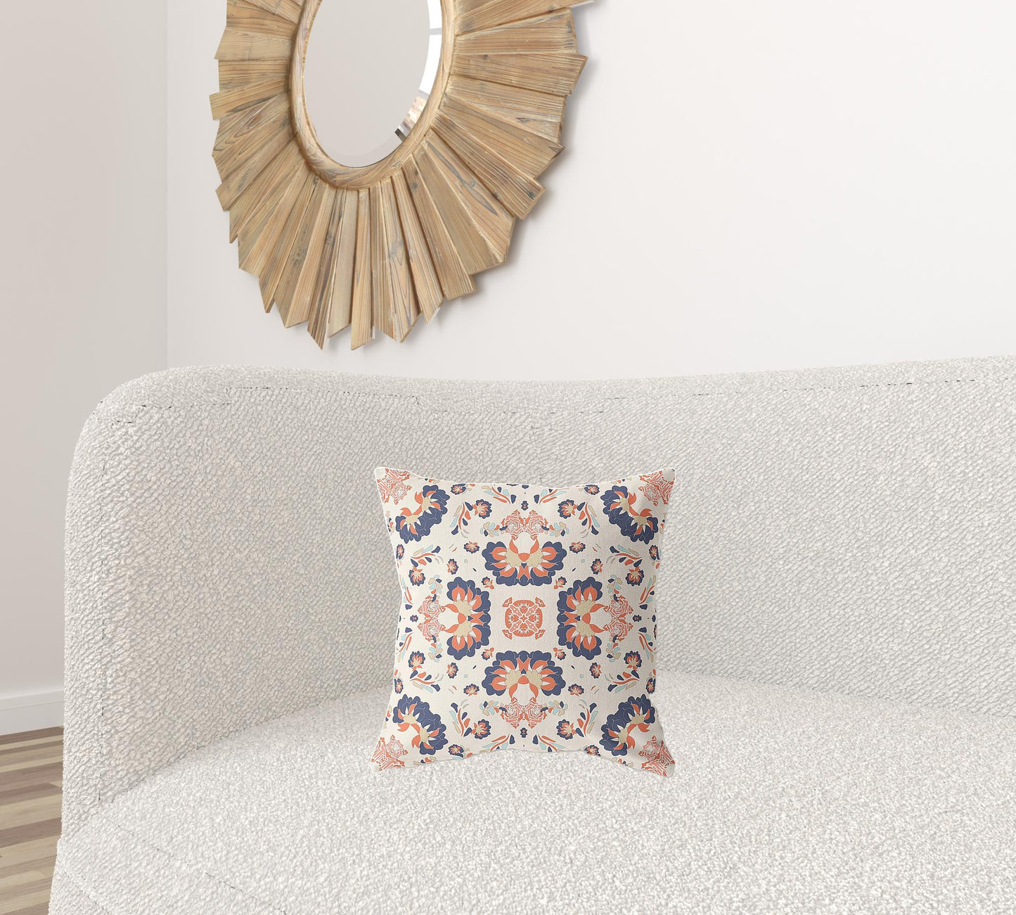 16" X 16" Off White And Blue Zippered Geometric Indoor Outdoor Throw Pillow