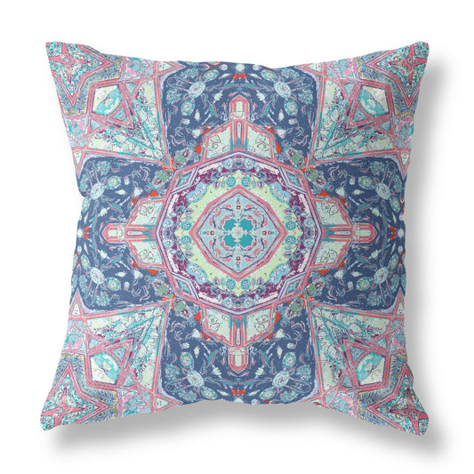 16" X 16" Blue And Pink Zippered Geometric Indoor Outdoor Throw Pillow Cover & Insert