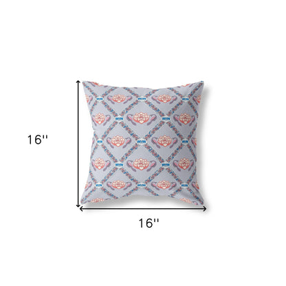 16" X 16" Gray And Blue Zippered Geometric Indoor Outdoor Throw Pillow