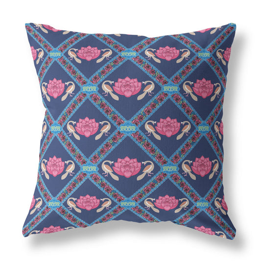 16" X 16" Indigo And Pink Zippered Geometric Indoor Outdoor Throw Pillow