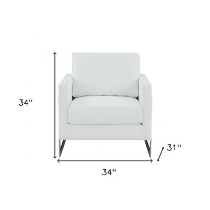 34" White And Silver Faux Leather Arm Chair