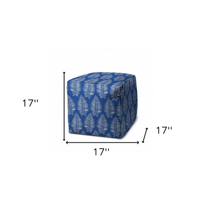 17" Blue and White Polyester Cube Floral Outdoor Pouf Ottoman