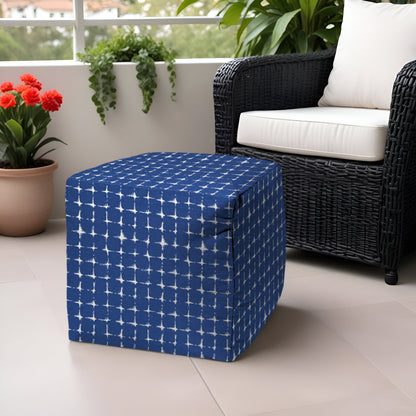 17" Blue and White Polyester Cube Geometric Outdoor Pouf Ottoman