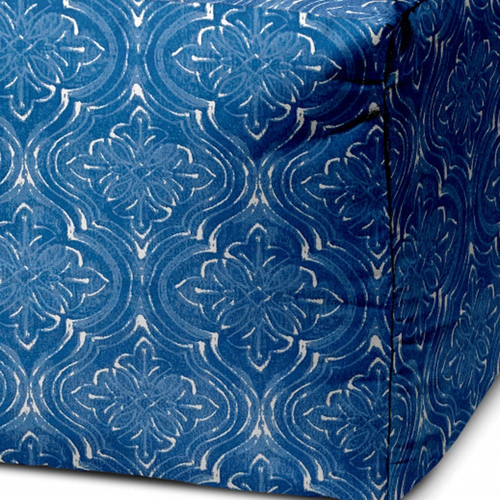 17" Blue and White Polyester Cube Damask Outdoor Pouf Ottoman