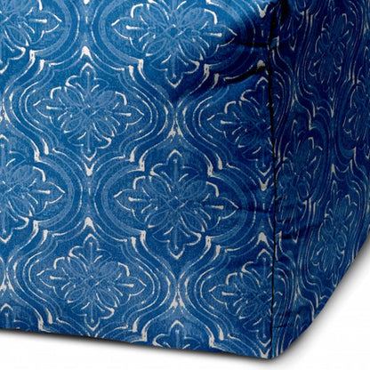 17" Blue and White Polyester Cube Damask Outdoor Pouf Ottoman