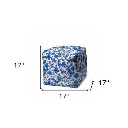 17" Blue and White Polyester Cube Abstract Outdoor Pouf Ottoman