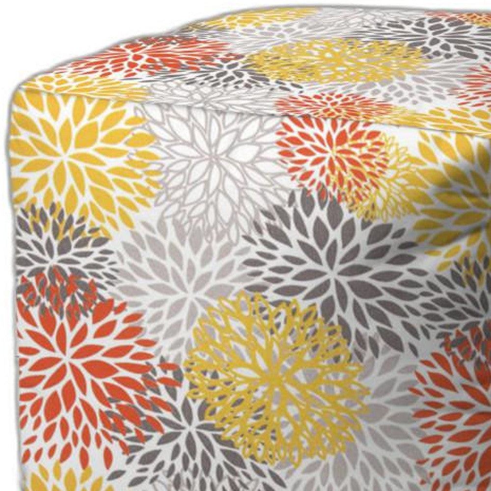 17" Yellow Gray and White Polyester Cube Floral Outdoor Pouf Ottoman