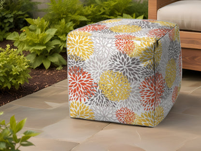 17" Yellow Gray and White Polyester Cube Floral Outdoor Pouf Ottoman