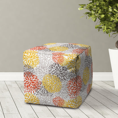 17" Yellow Gray and White Polyester Cube Floral Outdoor Pouf Ottoman