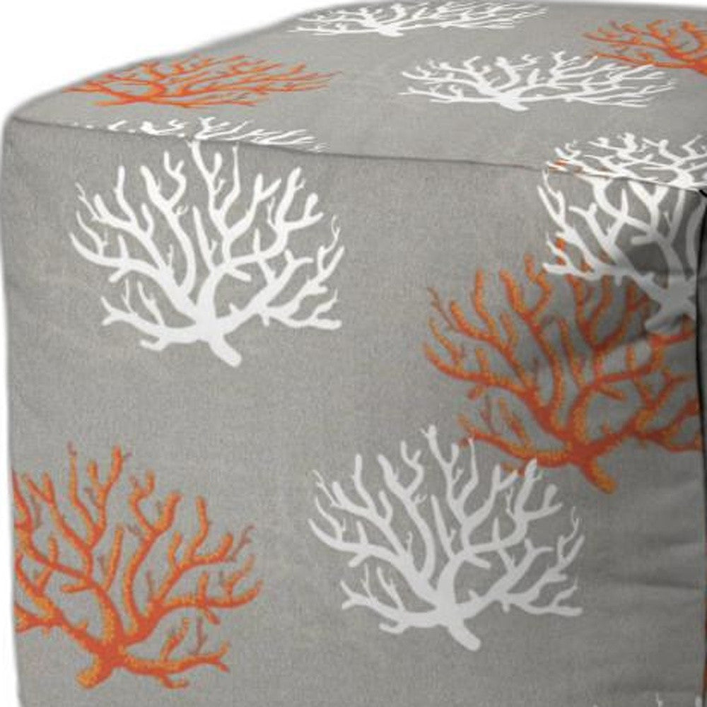 17" Gray White and Orange Polyester Cube Coral Outdoor Pouf Ottoman