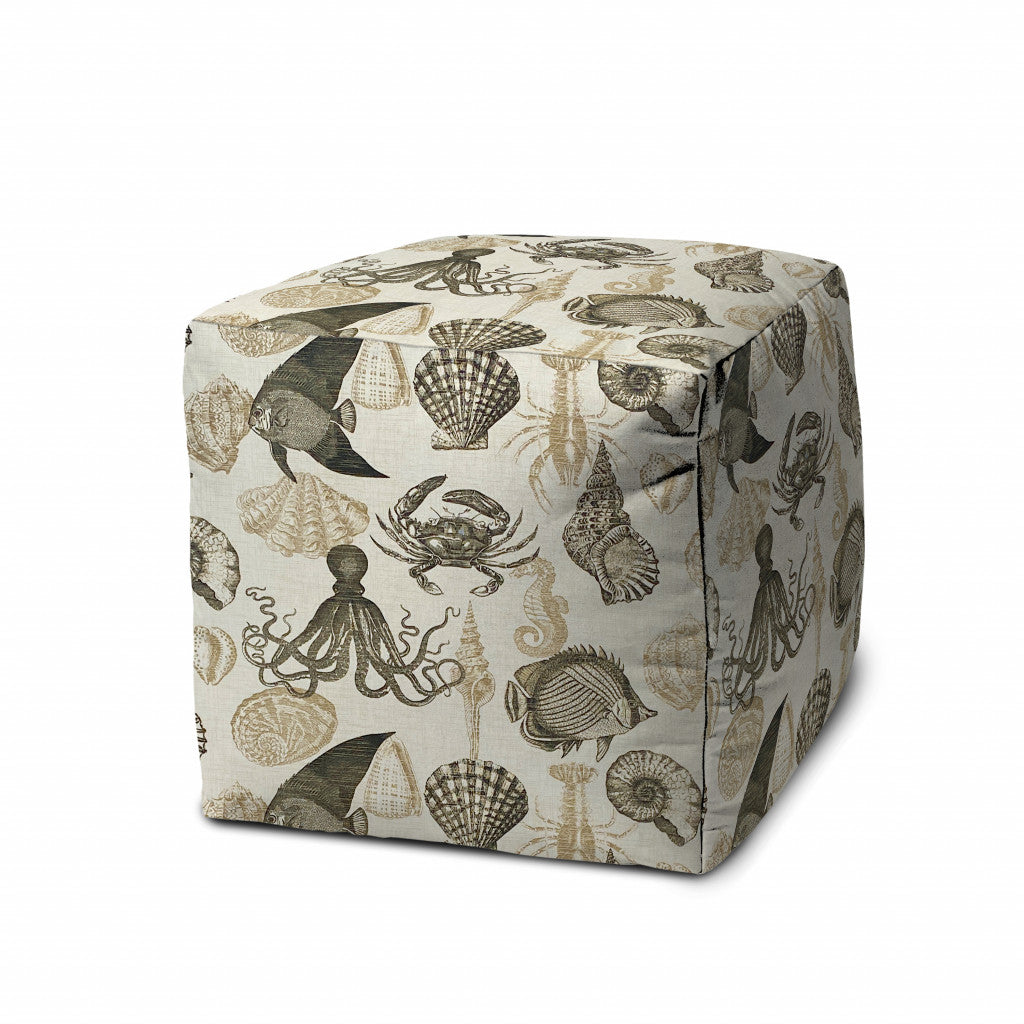 17" Taupe Gray and Beige Polyester Cube Coastal Outdoor Pouf Ottoman