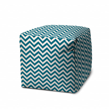 17" Turquoise and White Polyester Cube Chevron Outdoor Pouf Ottoman