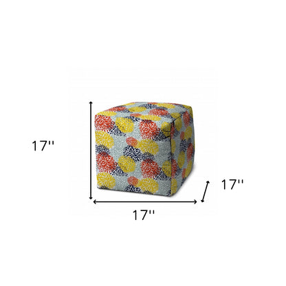 17" Yellow Gray and White Polyester Cube Floral Outdoor Pouf Ottoman