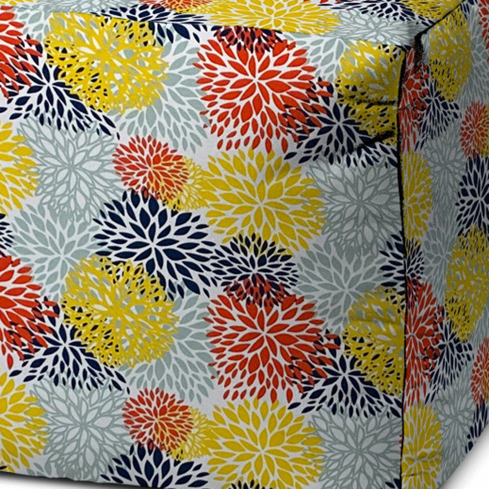 17" Yellow Gray and White Polyester Cube Floral Outdoor Pouf Ottoman