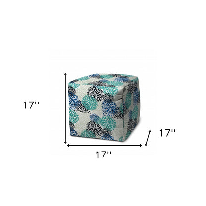 17" Blue Polyester Cube Floral Indoor Outdoor Pouf Ottoman