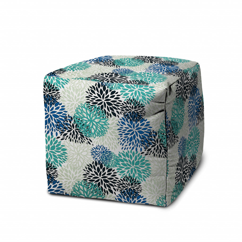 17" Yellow Gray and White Polyester Cube Floral Outdoor Pouf Ottoman