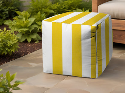 17" Yellow And White Polyester Cube Striped Indoor Outdoor Pouf Ottoman