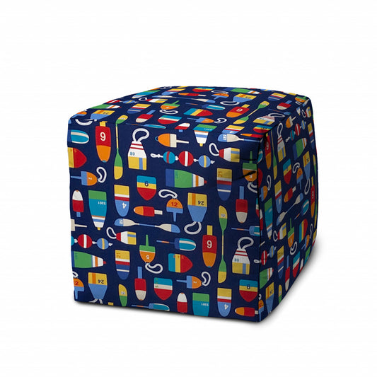 17" Blue Polyester Cube Indoor Outdoor Pouf Ottoman