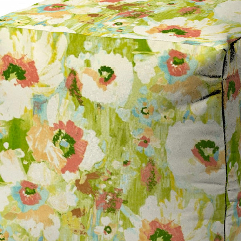 17" Green Polyester Cube Floral Indoor Outdoor Pouf Ottoman