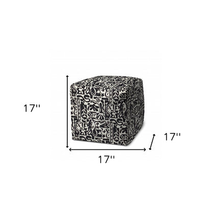 17" Black And White Polyester Cube Geometric Indoor Outdoor Pouf Ottoman