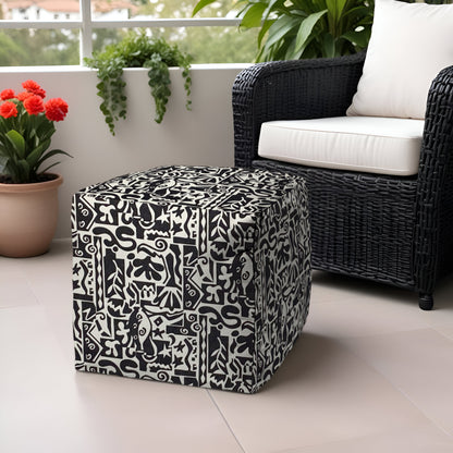 17" Black And White Polyester Cube Geometric Indoor Outdoor Pouf Ottoman