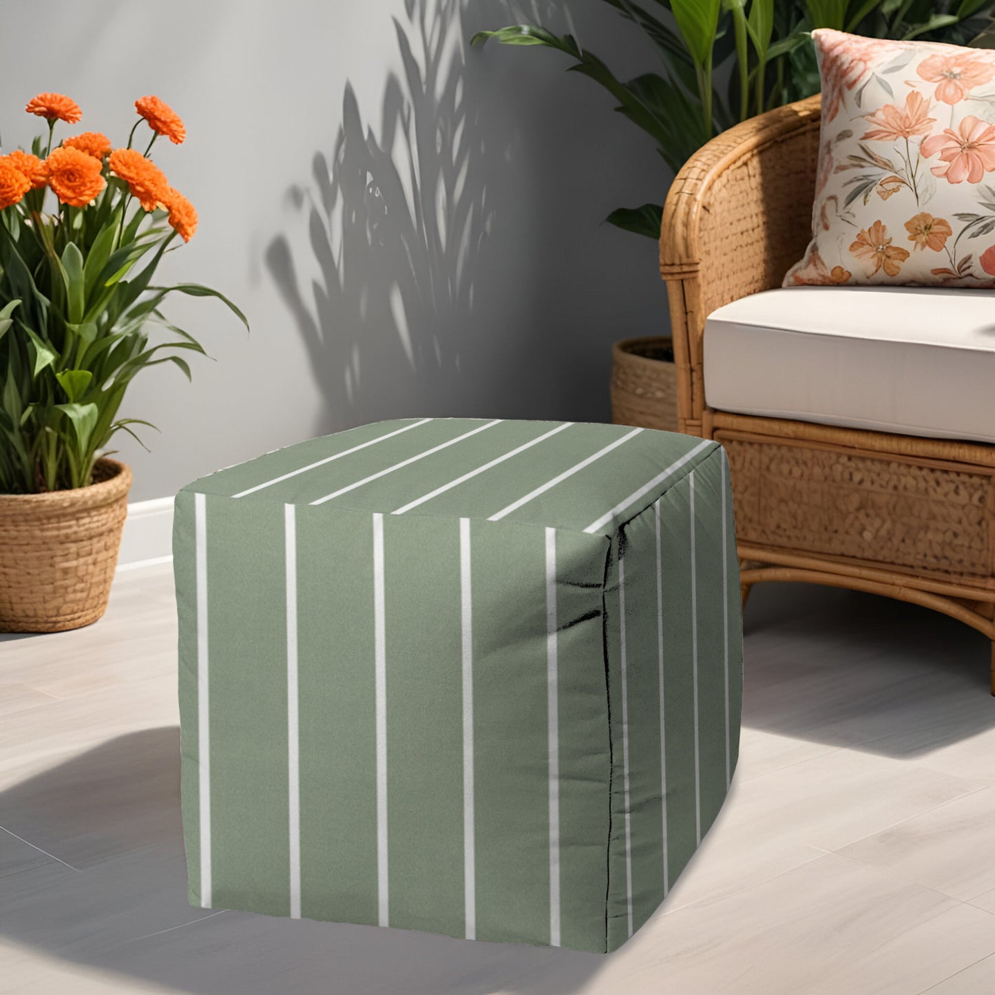 17" Green Polyester Cube Striped Indoor Outdoor Pouf Ottoman