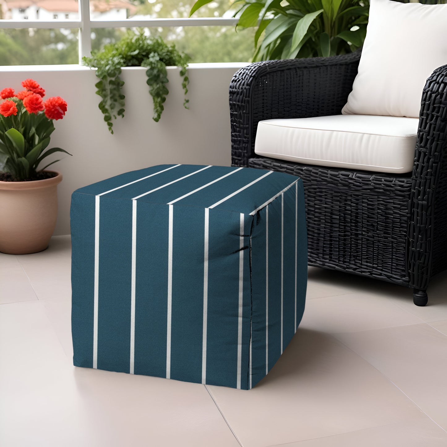 17" Green Polyester Cube Striped Indoor Outdoor Pouf Ottoman