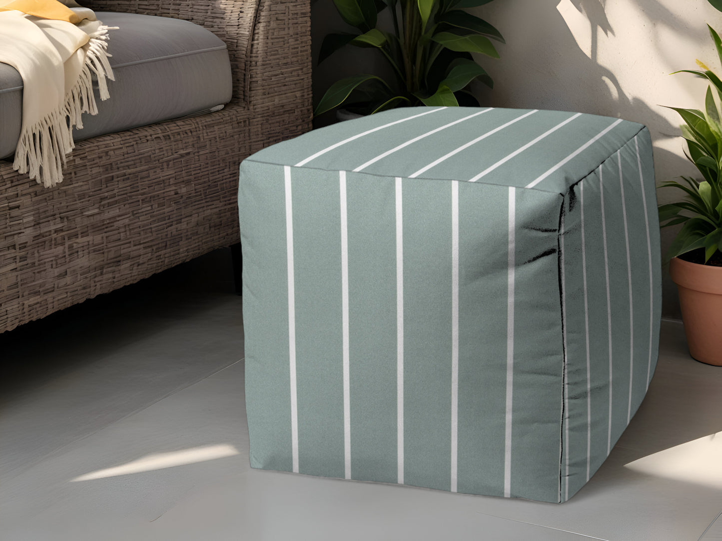 17" Green Polyester Cube Striped Indoor Outdoor Pouf Ottoman