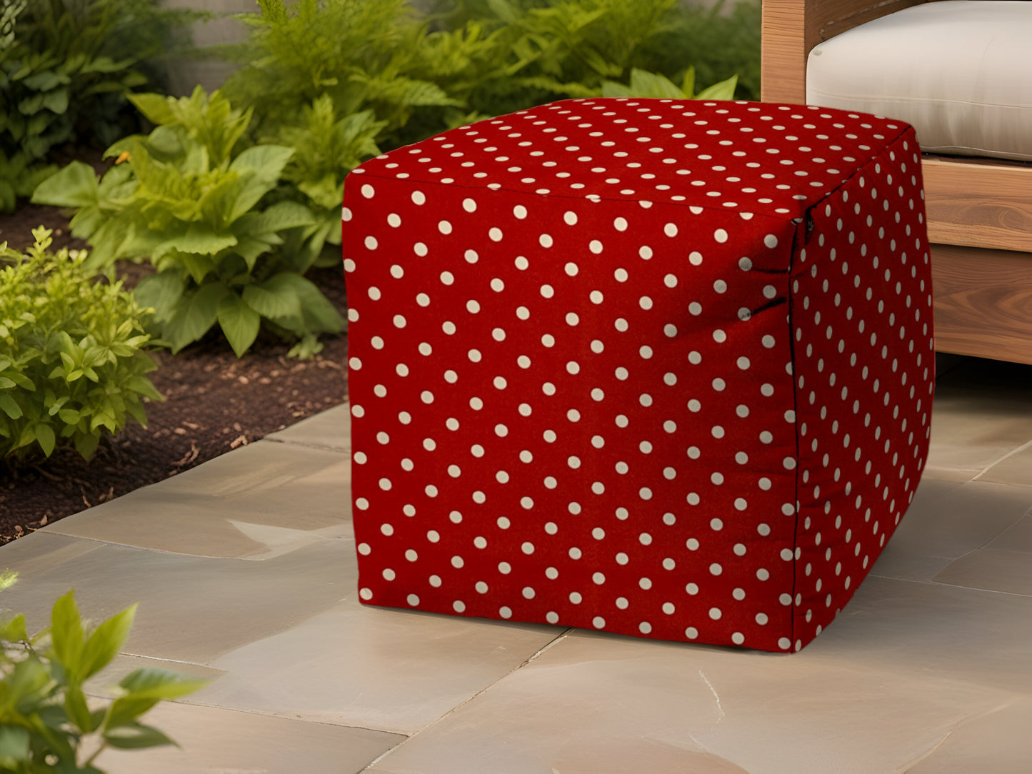 17" Red Polyester Cube Polka Dots Indoor Outdoor Pouf Ottoman