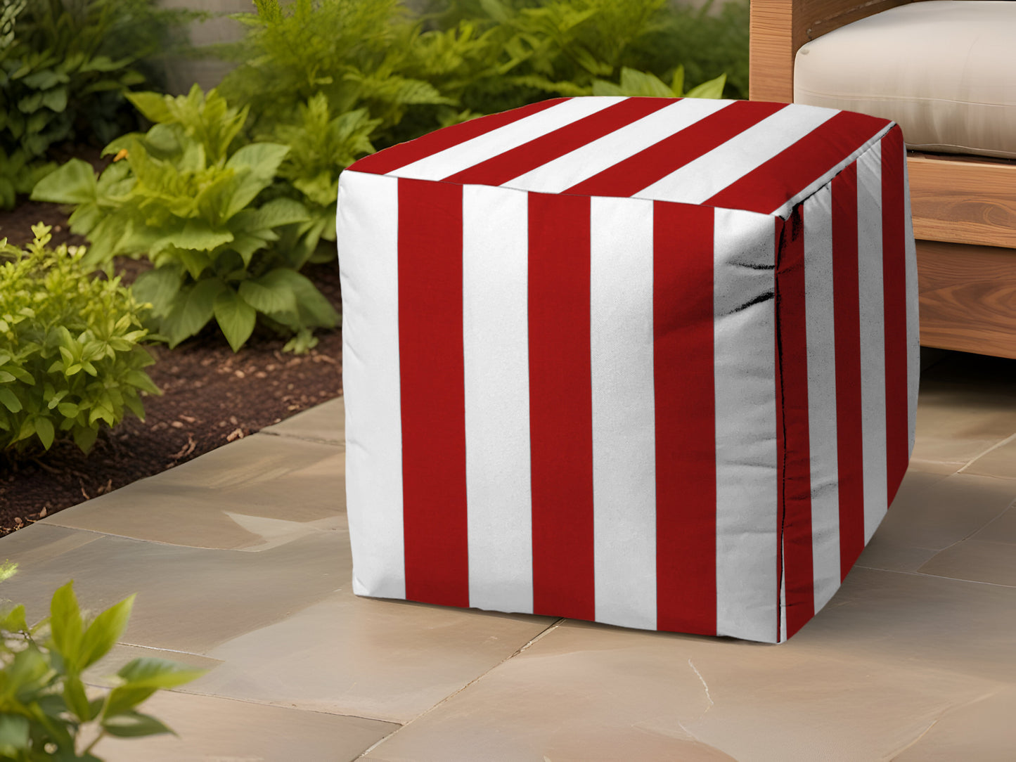 17" Red Polyester Cube Striped Indoor Outdoor Pouf Ottoman