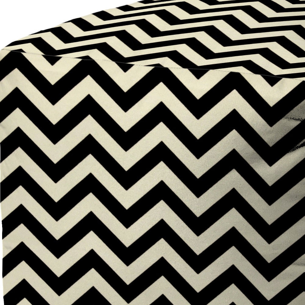 17" Black And White Polyester Cube Chevron Indoor Outdoor Pouf Ottoman